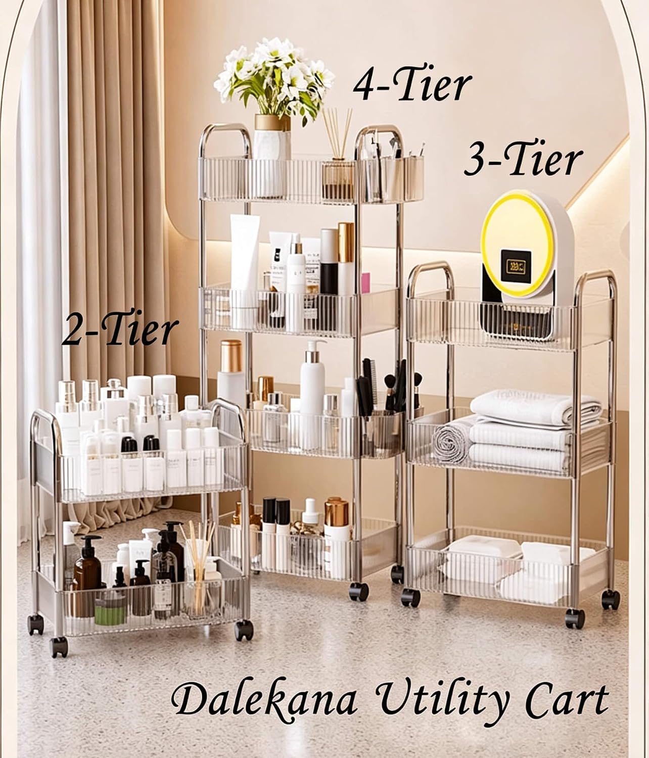 4-Tier Plastic Rolling Utility Cart with Wheels, Multifunctional Storage Organizer Cart for Home, Office, Kitchen & Bathroom, Ultra Narrow & Clear, 4.7”W * 12.8”L * 33”H