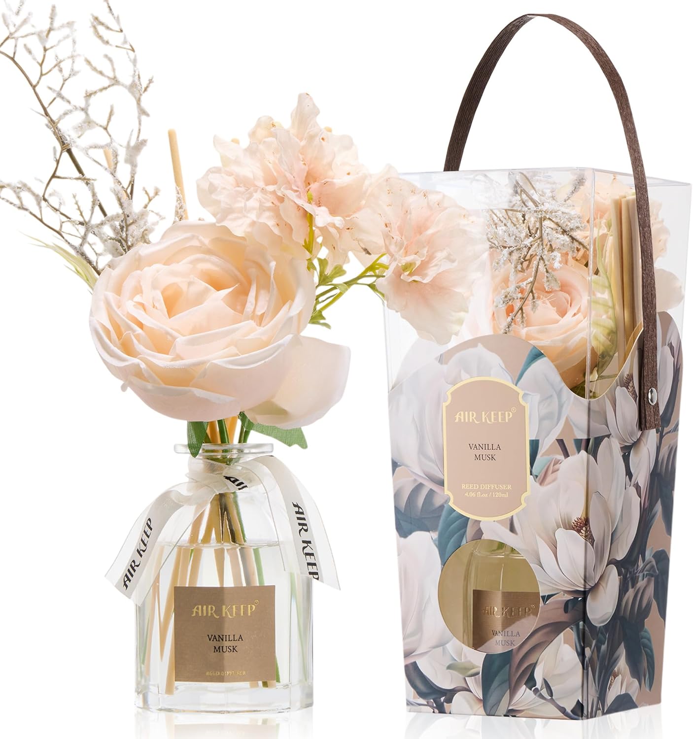 Airkeep Flower Reed Diffuser Set, Ocean Mist&Sea Salt Diffuser Gift Set,4.06 fl oz Essential Oil Sticks Diffusers for Bathroom Air Freshener, Aromatherapy Home Fragrance Shelf Decor, Gift for Women