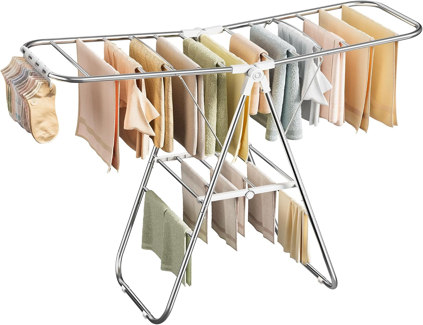 SONGMICS Clothes Drying Rack, Foldable Laundry Drying Rack, Blue | Sock Clips, Metal Clothes Airer with Height-Adjustable Gullwings, Space-Saving, Indoor Outdoor, ULLR505EQ01