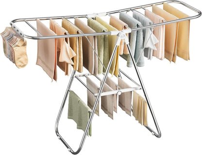 SONGMICS Clothes Drying Rack, Foldable Laundry Drying Rack, Blue | Sock Clips, Metal Clothes Airer with Height-Adjustable Gullwings, Space-Saving, Indoor Outdoor, ULLR505EQ01