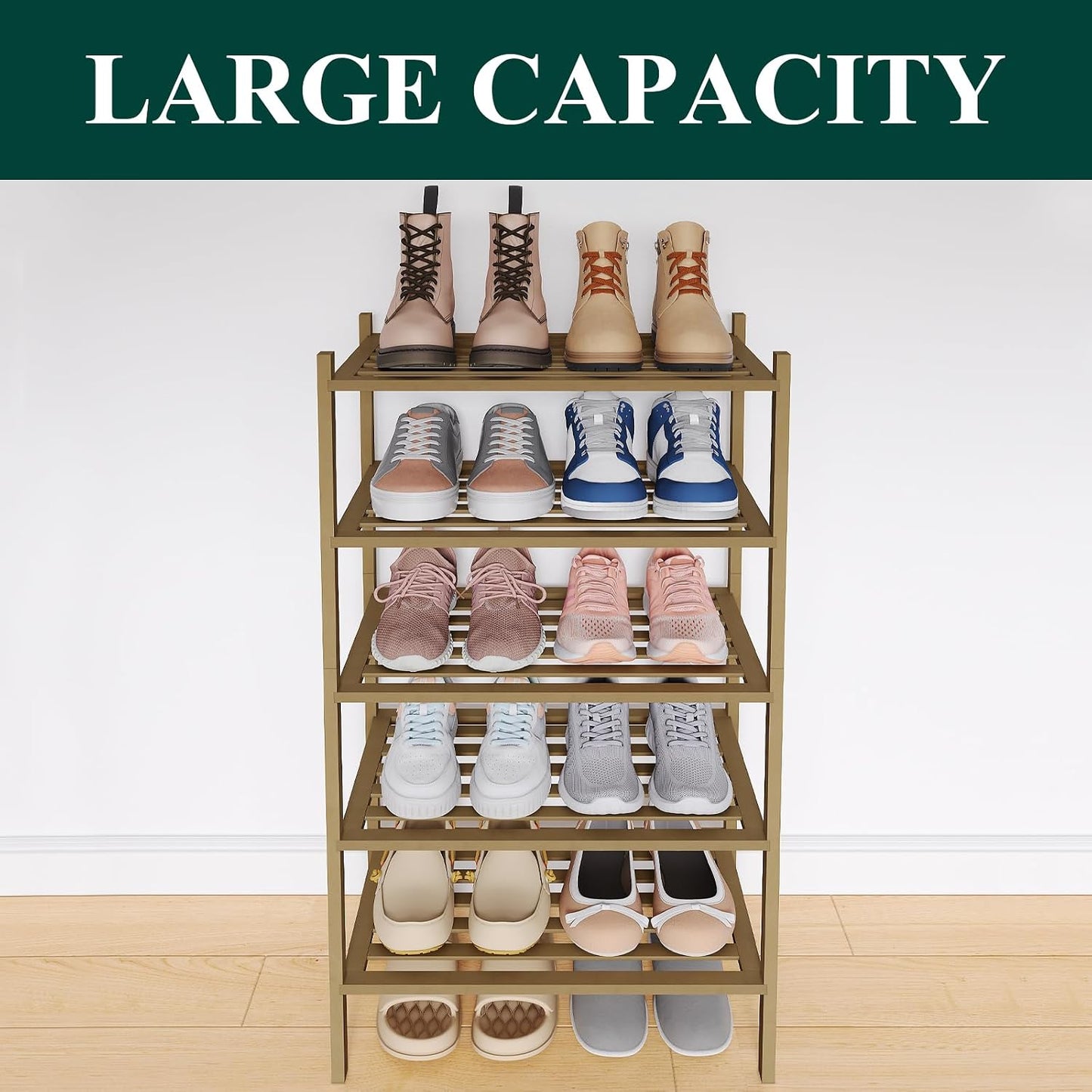 Smiry Bamboo Shoe Rack, 3 Tier Free Standing Wooden Shoe Organizer, Stackable Wood Shoe Storage Shelf for Closet, Entryway, 5 Horizontal Slats, 26.8"x11"x18.3", Natural