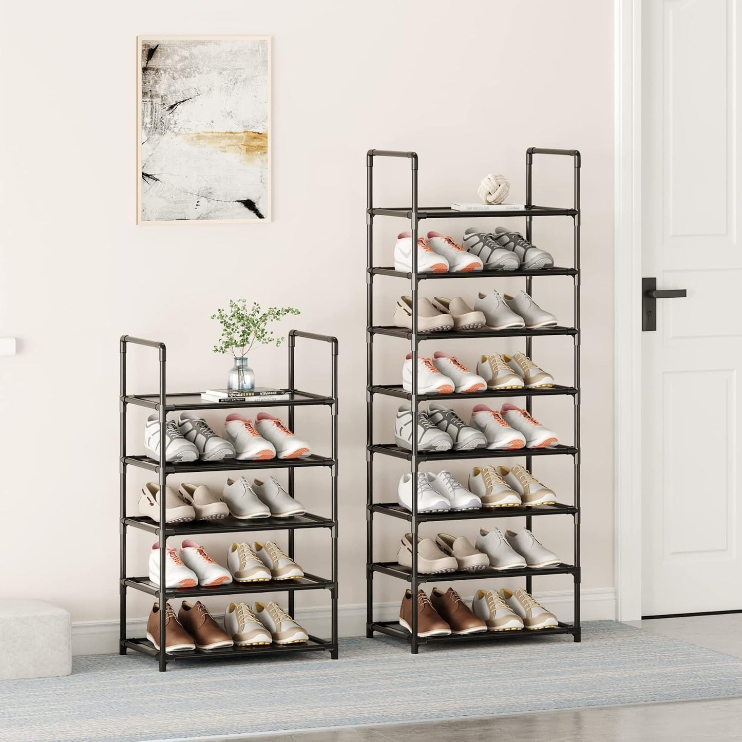 Small Shoe Rack 6-8 Pairs Sturdy Shoe Shelf 4-Tiers Narrow Stackable Shoe Organizer,Lightweight Kids Shoe Racks for Entryway, Doorway and Closet（Black）