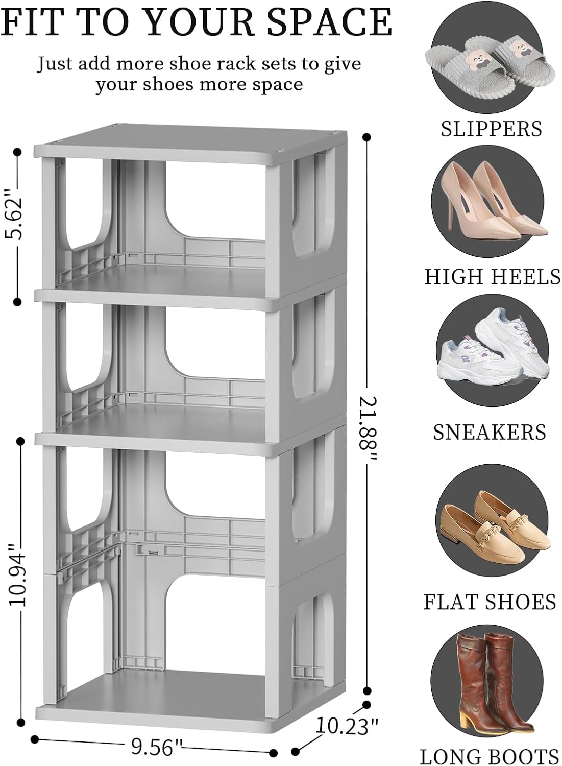 HAIXIN Shoe Organizer Rack for Small Spaces 5 Tier Plastic Vertical Narrow Shelves for Closet Black Shoe Holder, Stand for Entryway Storage Boots Organizer Stackable Cabinet