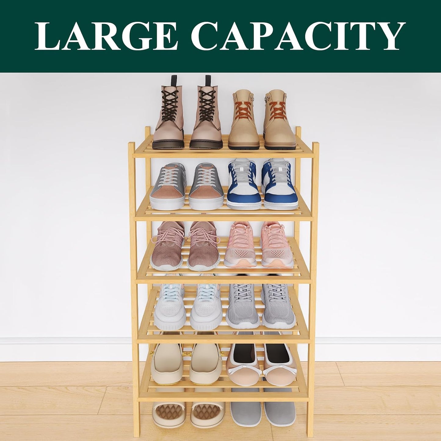 Smiry Bamboo Shoe Rack, 3 Tier Free Standing Wooden Shoe Organizer, Stackable Wood Shoe Storage Shelf for Closet, Entryway, 5 Horizontal Slats, 26.8"x11"x18.3", Natural