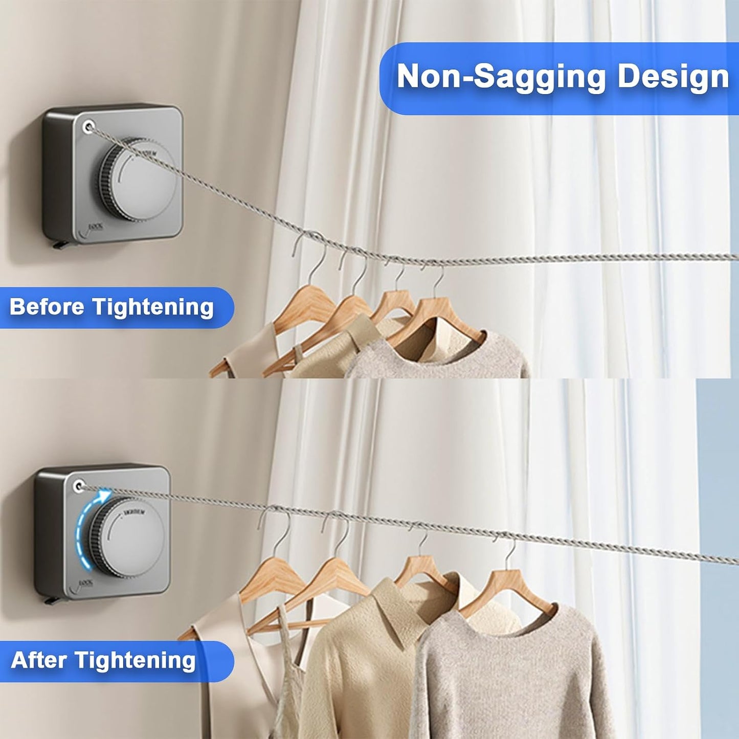 Retractable Clothesline Indoor & Outdoor, 16.2Ft Non-Sagging Stainless Steel Laundry Line with Wall Mounted Heavy Duty Design, Space-Saving Drying Rack for Bathroom, Balcony(1, White)
