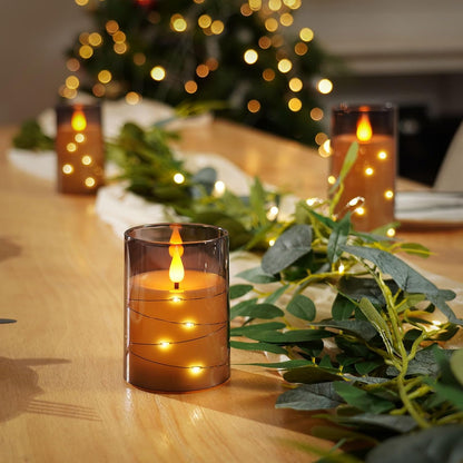 Amagic Red Flameless Candles 3 Set, Flickering Battery Operated Candles Embedded Fairy String Light, Realistic Pillar Candle with Remote Control and Timer, Acrylic, D3 x H4 5" 6"
