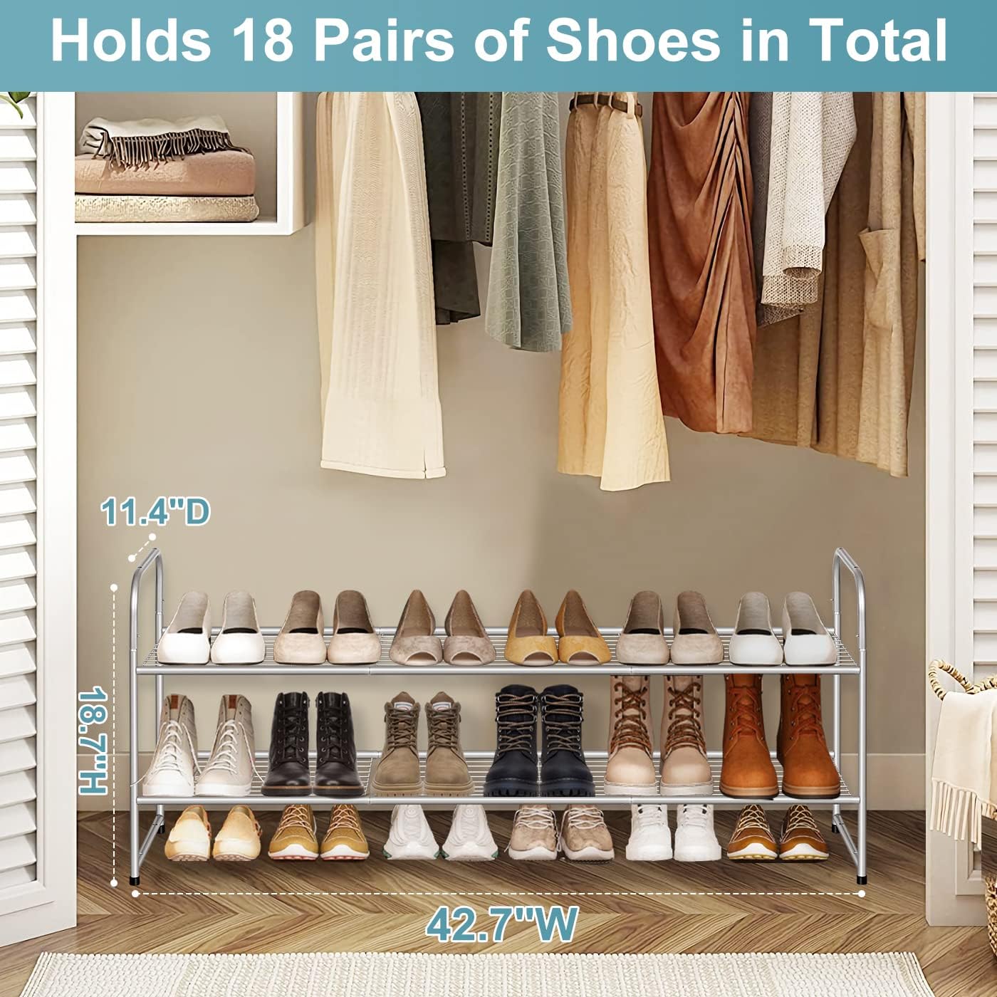 AOODA Long 3 Tier Metal Shoe Rack for Closet Wide Stackable Shoe Storage Organizer for Entryway, Bedroom, Floor, 24-Pairs Men Sneakers Shoe Shelf with Wire Grid, Black