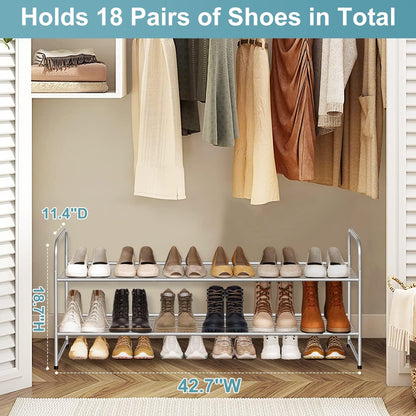 AOODA Long 3 Tier Metal Shoe Rack for Closet Wide Stackable Shoe Storage Organizer for Entryway, Bedroom, Floor, 24-Pairs Men Sneakers Shoe Shelf with Wire Grid, Black