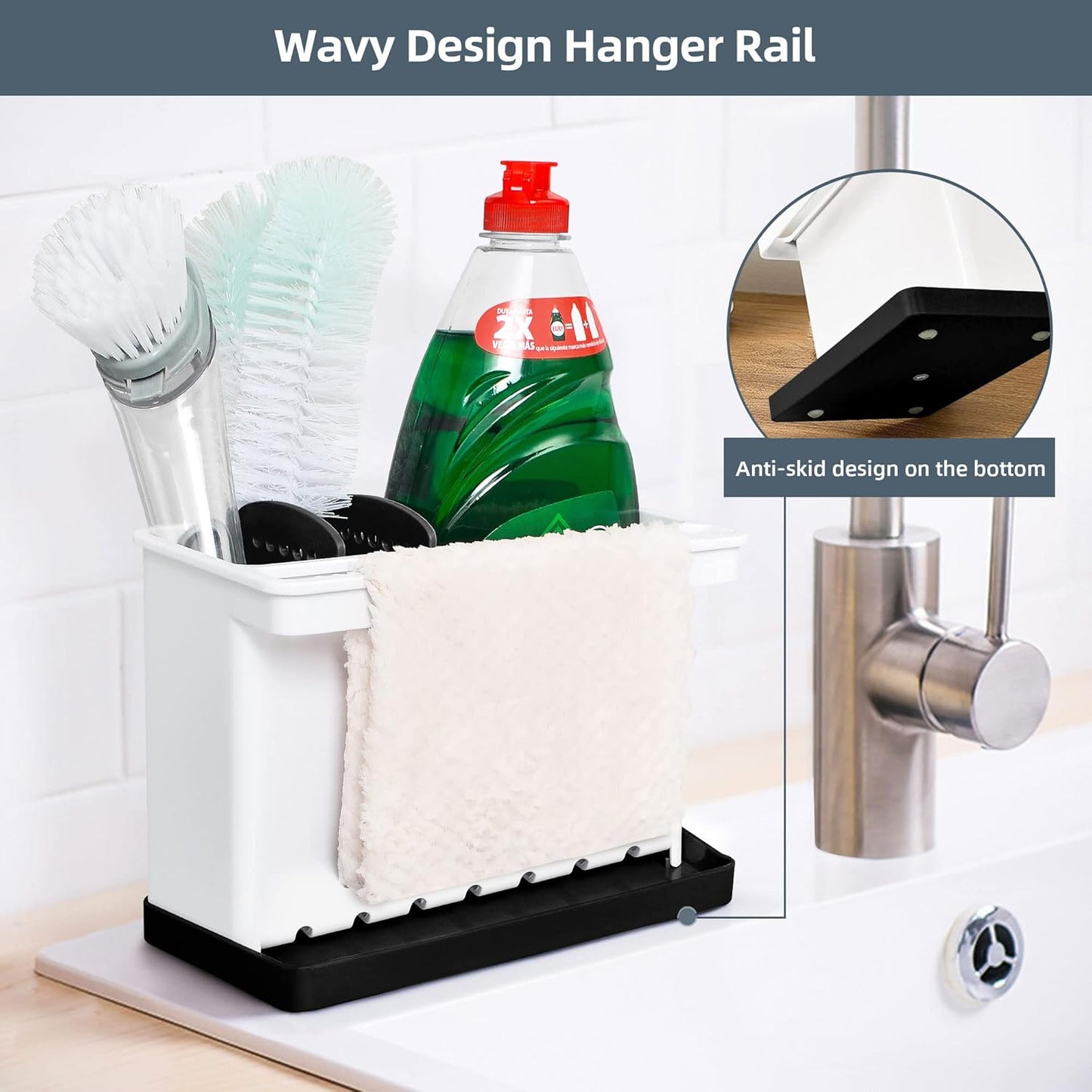 JOMOLA Kitchen Sink Organizer Dish Brush Sponge Holder Caddy Toothbrush Holders for Bathrooms Sinkware Kitchen Utensil Holder Sink Caddy Organizer with 4 Separate Dividers Removable Drain Tray (Grey)