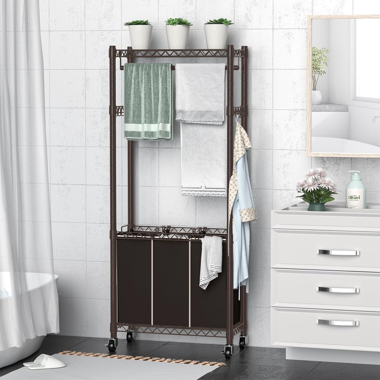 Hodonas Rolling Laundry Basket Organizer with Wheels and Hanging Bar, Laundry Hamper Cart Laundry Sorter 3 Section, Dirty Clothes Hampers for Laundry Bedroom Bathroom w/ 3 Removable Bags, Black