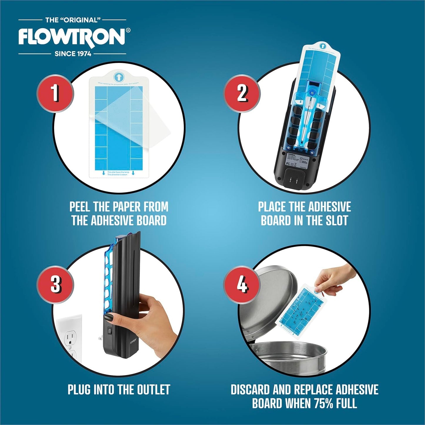 Flowtron Indoor Plug-in Fly Trap, 9W UV Light Electric Insect Trap with Adhesive Board – Silent Mosquito, Gnat & Fruit Fly Catcher, 375 Sq Ft Coverage (Black)