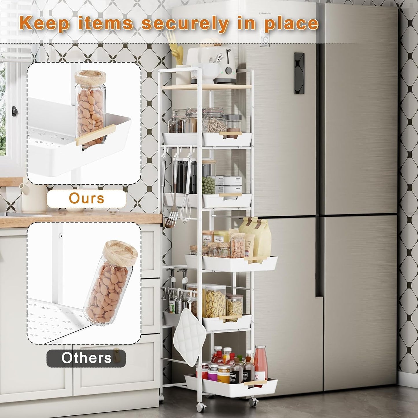 6 Tier Slim Storage Cart with Pull-Out Baskets Rolling Cart with Wheels Wood Top Narrow Utility Cart Metal Shelving Units for Pantry Laundry Room Bathroom Kitchen White 8in(W)