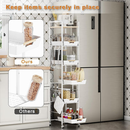 6 Tier Slim Storage Cart with Pull-Out Baskets Rolling Cart with Wheels Wood Top Narrow Utility Cart Metal Shelving Units for Pantry Laundry Room Bathroom Kitchen White 8in(W)