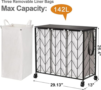WOWLIVE Laundry Basket with Wheels, 142L Laundry Hamper 3 Section with Lid, Dirty Clothes Hamper with Removable Bags, Large Capacity Iron-Made Laundry Basket Organizer Laundry Sorter for Dorm, White