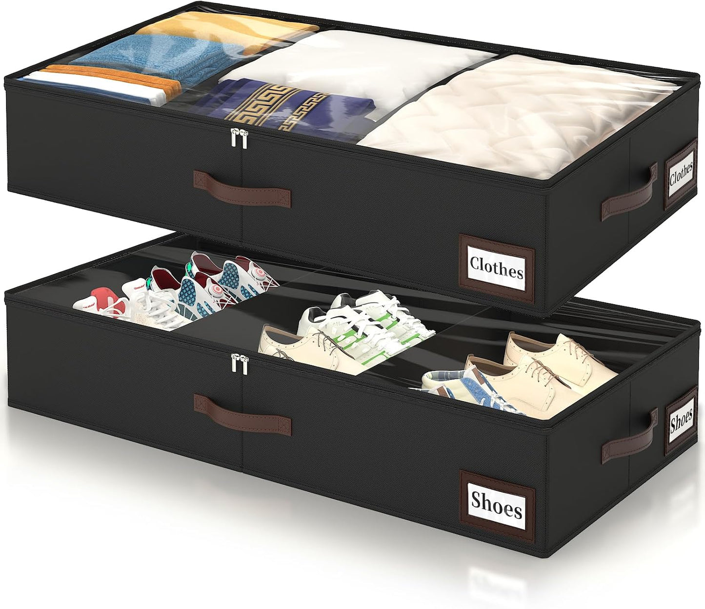 OIAHOMY 2 Pack 53L Under Bed Storage with Adjustable Dividers, 6" Low Profile Underbed Storage Bins for Comforters & Clothes, Save Closet Space with Clear View Lid & Reinforced Handles, Grey