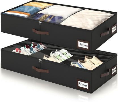 OIAHOMY 2 Pack 53L Under Bed Storage with Adjustable Dividers, 6" Low Profile Underbed Storage Bins for Comforters & Clothes, Save Closet Space with Clear View Lid & Reinforced Handles, Grey