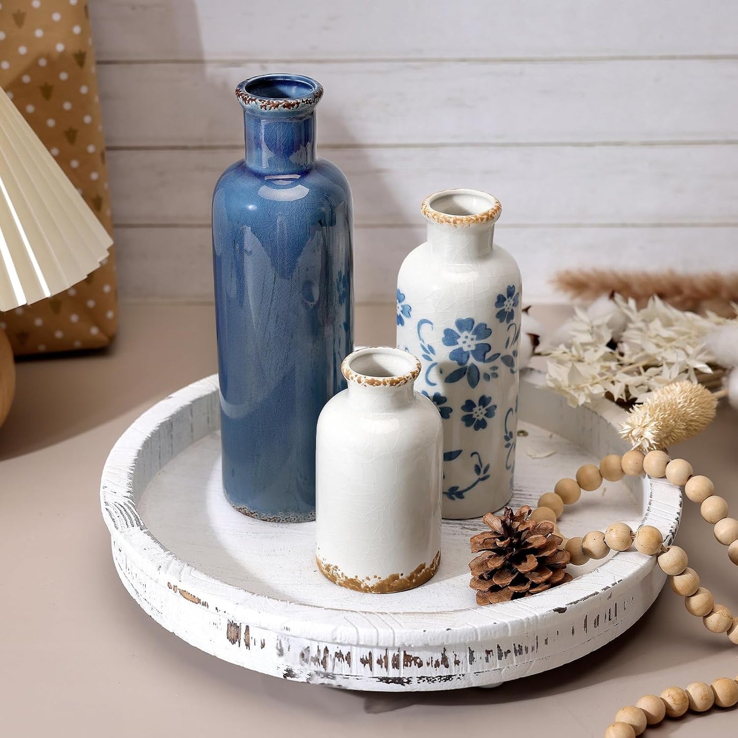 CUCUMI Ceramic Vase Set of 5, Home Decor Farmhouse Décor Handmade Pottery Vases for Pampas Grass, Dried Fresh Flowers, Table, Living Room, Kitchen, Shelf, Entryway Mantel Neutral Tones