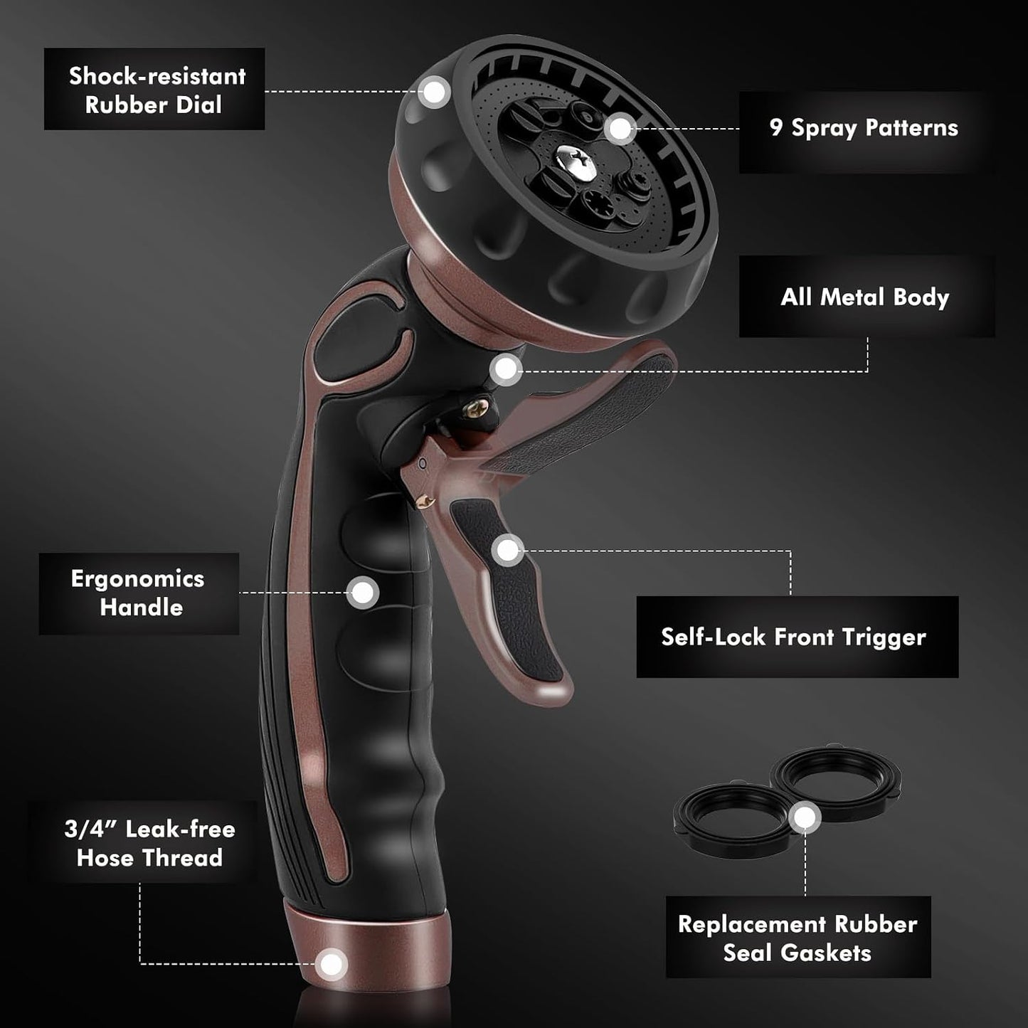 RESTMO Hose Nozzle with Easy Self-Lock Trigger, Heavy Duty Metal Water Hose Sprayer with 9 Spray Patterns and On/Off Valve, Ideal for Outdoor Lawn & Garden Watering, Car & Pet Washing
