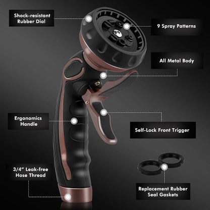 RESTMO Hose Nozzle with Easy Self-Lock Trigger, Heavy Duty Metal Water Hose Sprayer with 9 Spray Patterns and On/Off Valve, Ideal for Outdoor Lawn & Garden Watering, Car & Pet Washing