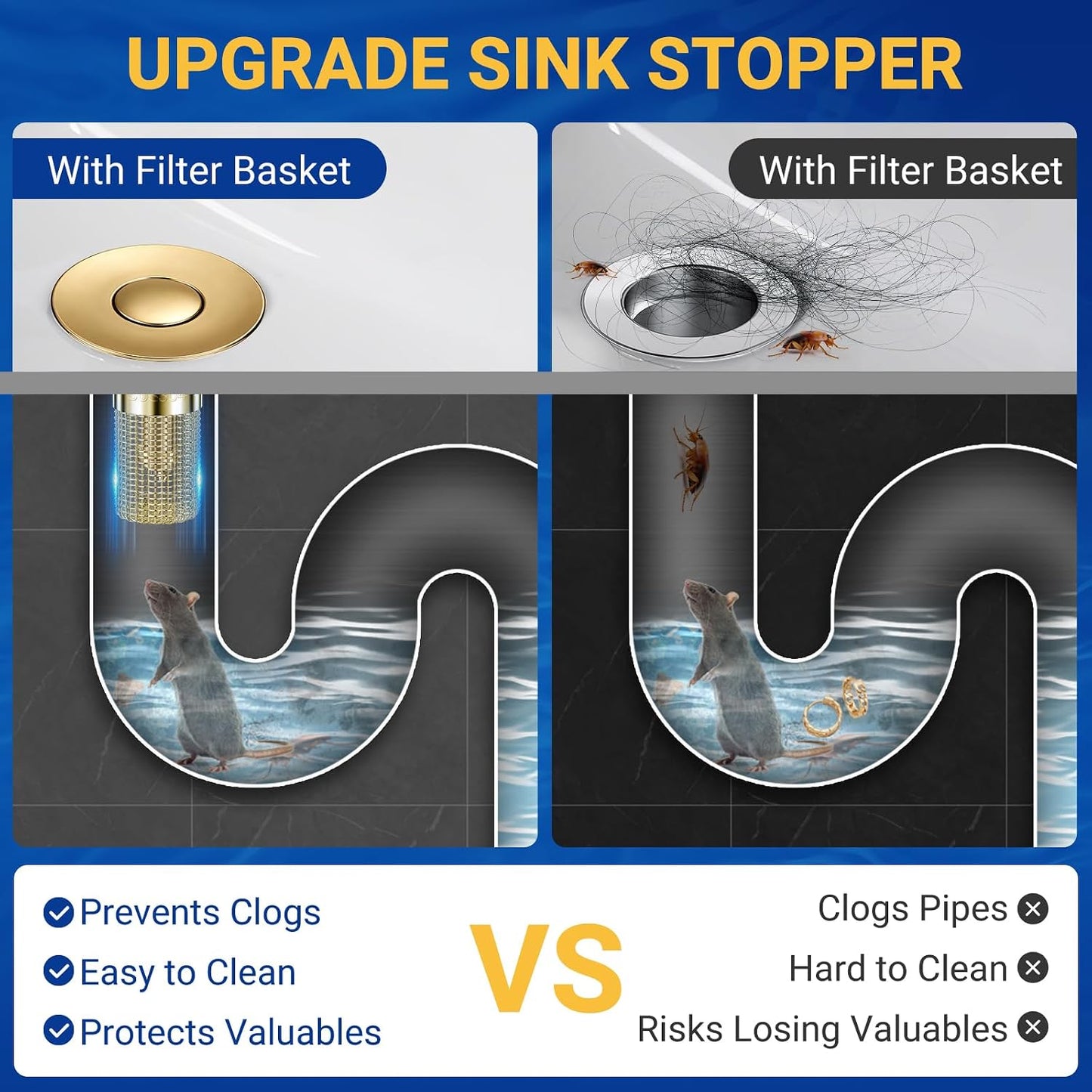 2PCS Bathroom Sink Stopper Strainer, Pop-Up Bathroom Sink Drain Strainer with Removable Stainless Steel Hair Catcher Basket, Universal Fit for US Bathroom Sinks, Bathtubs, Showers & Floor Drains