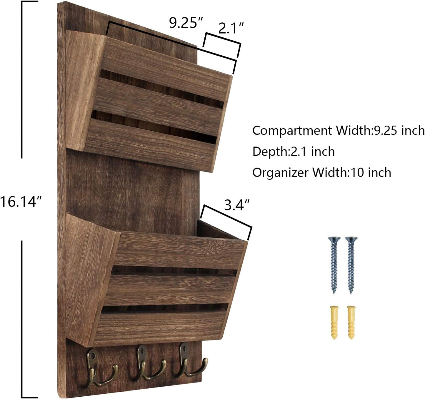 Unistyle Mail Organizer with 4 Hooks, Rustic Brown Wall Mount, Cedar Wood Key Holder for Letters, Magazines, Keys, Dog Leashes