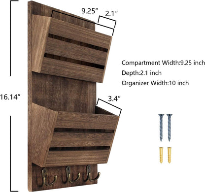 Unistyle Mail Organizer with 4 Hooks, Rustic Brown Wall Mount, Cedar Wood Key Holder for Letters, Magazines, Keys, Dog Leashes