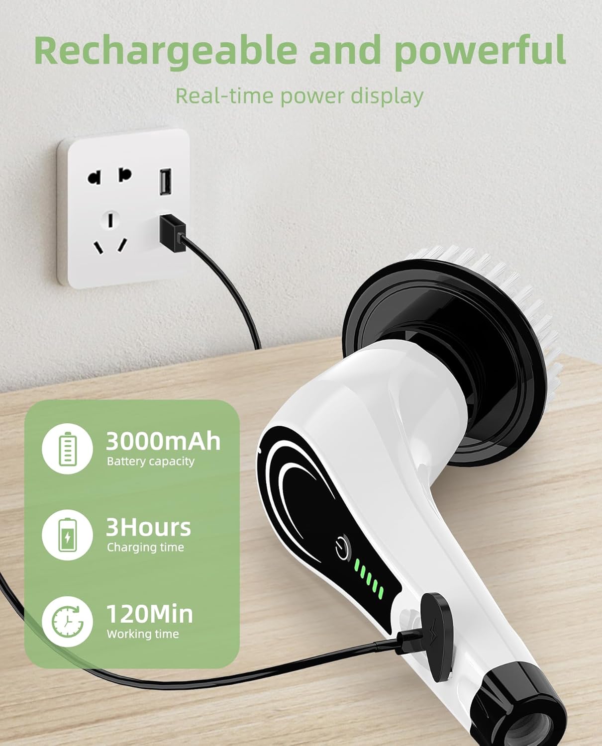 6-in-1 Cordless Electric Spin Scrubber with Long Handle | Power scrubber, bathroom scrubber, 47.2 in long handle, 2 speed scrub brush, IPX7 rated body, kitchen, tile, tub, floor