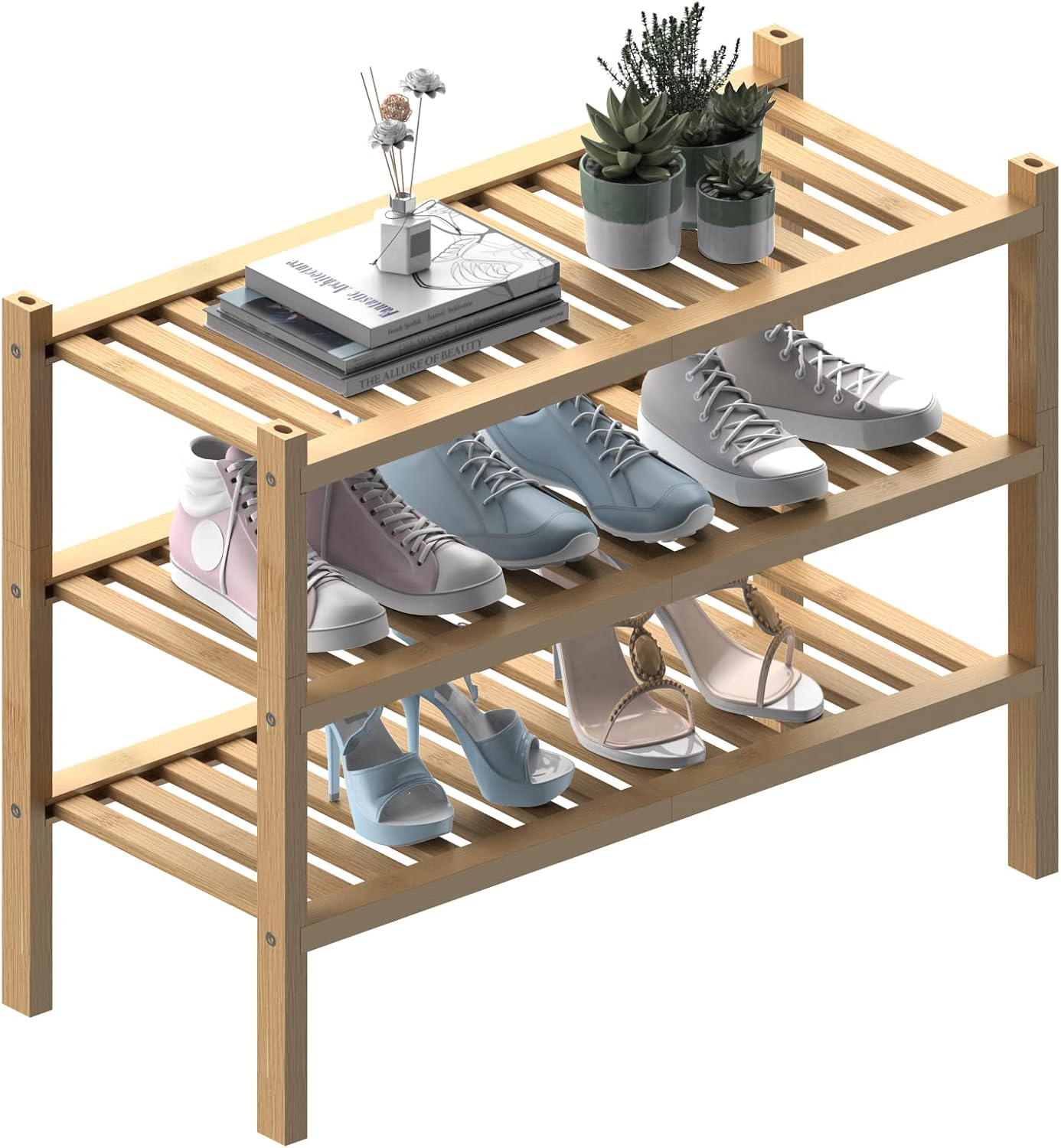 ROMGUAR CRAFT 3 Tier Bamboo Shoe Rack for Closet Free Standing Wood Shoe Shelf Storage Organizer for Entryway Small Space Stackable 27"x11"x20" (Natural)