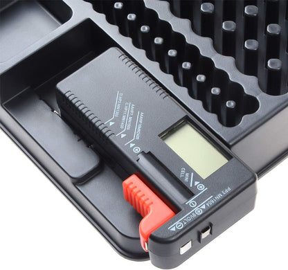 Battery Organizer Storage Case w Tester-110 Batteries Holder Box for AAA, AA, 9V, C, D and Button Battery