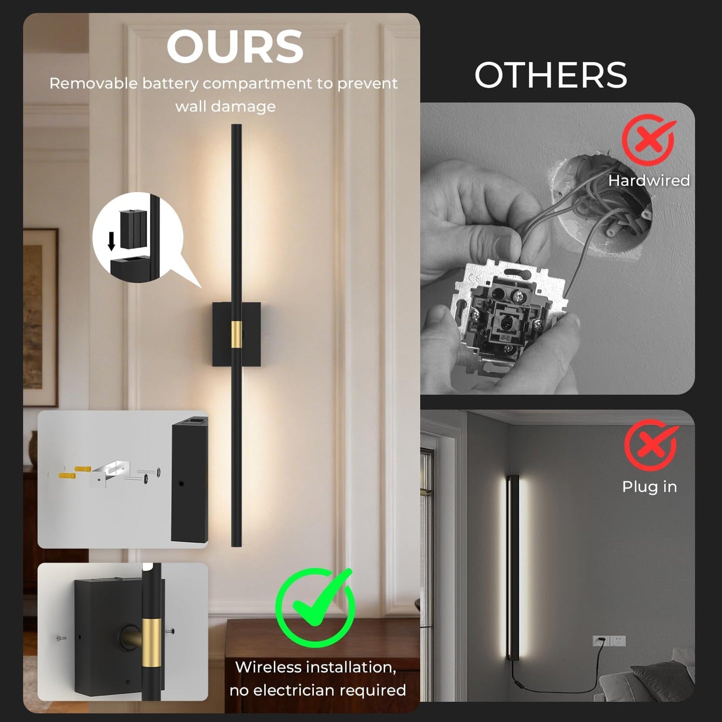Battery Operated Wall Sconce Set of Two - 10000mAh Cordless Rechargeable Wall Sconces with Remote & Touch Control, 360°Rotate, 4CCT Dimmable Gold Wall Lights for Bedroom Living Room, 31.5 inch