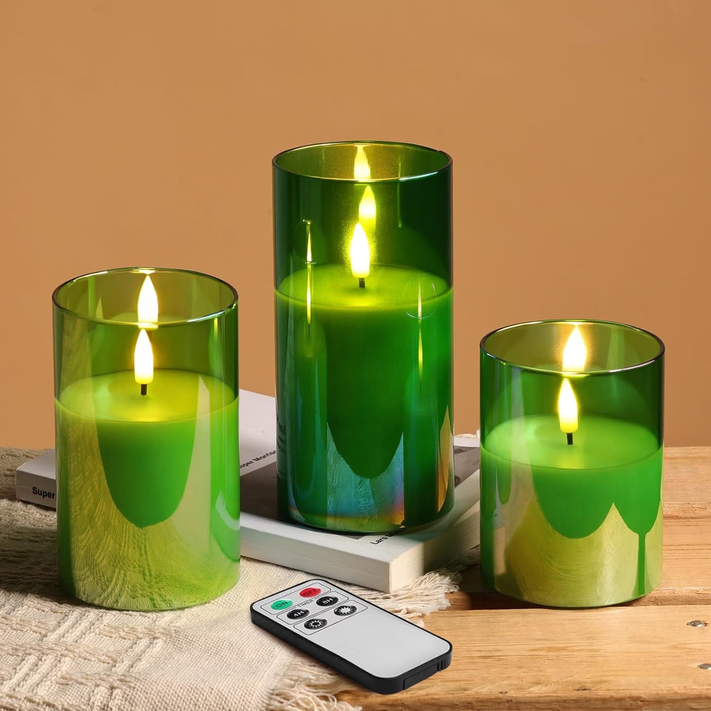 Eywamage Gold Glass Flameless Pillar Candles with Remote, Flickering Christmas LED Candles Battery Operated Set of 3