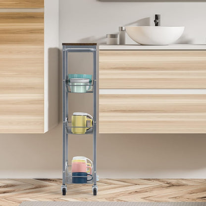 NANANARDOSO 4 Tier Slim Storage Cart, Shelving Unit for Small Space, Rolling Storage Cart with Wooden Top and Metal Handle for Narrow Space on Kitchen, Bathroom, Laundry Room, Black.