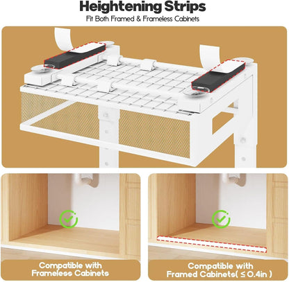 Under Sink Organizer, 2-Tier Dual Pull Out Cabinet Organizer Drawers With Smooth Circular Rail, Large Capacity Metal Mesh Sliding Shelves For Bathroom& Kitchen Storage,Height Adjustable–White,2 Packs