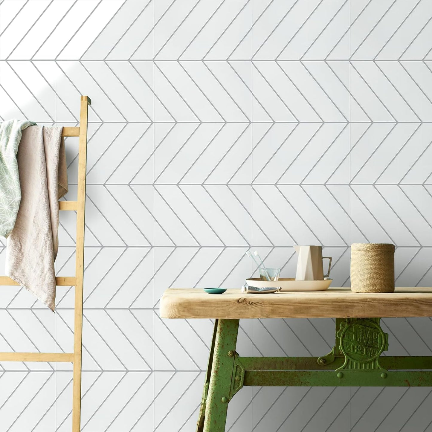 STICKGOO 10 Sheets Thicker Herringbone Peel and Stick Backsplash, 12.6”×9.7” Stick on Wall Tiles, Self Adhesive Tile Sticker for Kitchen Backsplash and Bathroom, White with Grey Grout