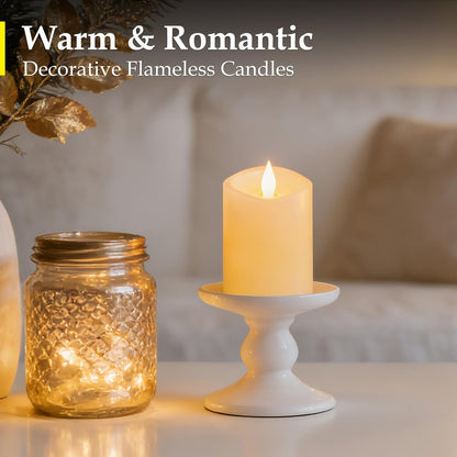 3"x4" Flickering Flameless Battery Candles with Timer, White Realistic LED Pillar Candles, Set of 2 Large Remote-Operated Candles for Home Indoor/Outdoor & Holiday Decor