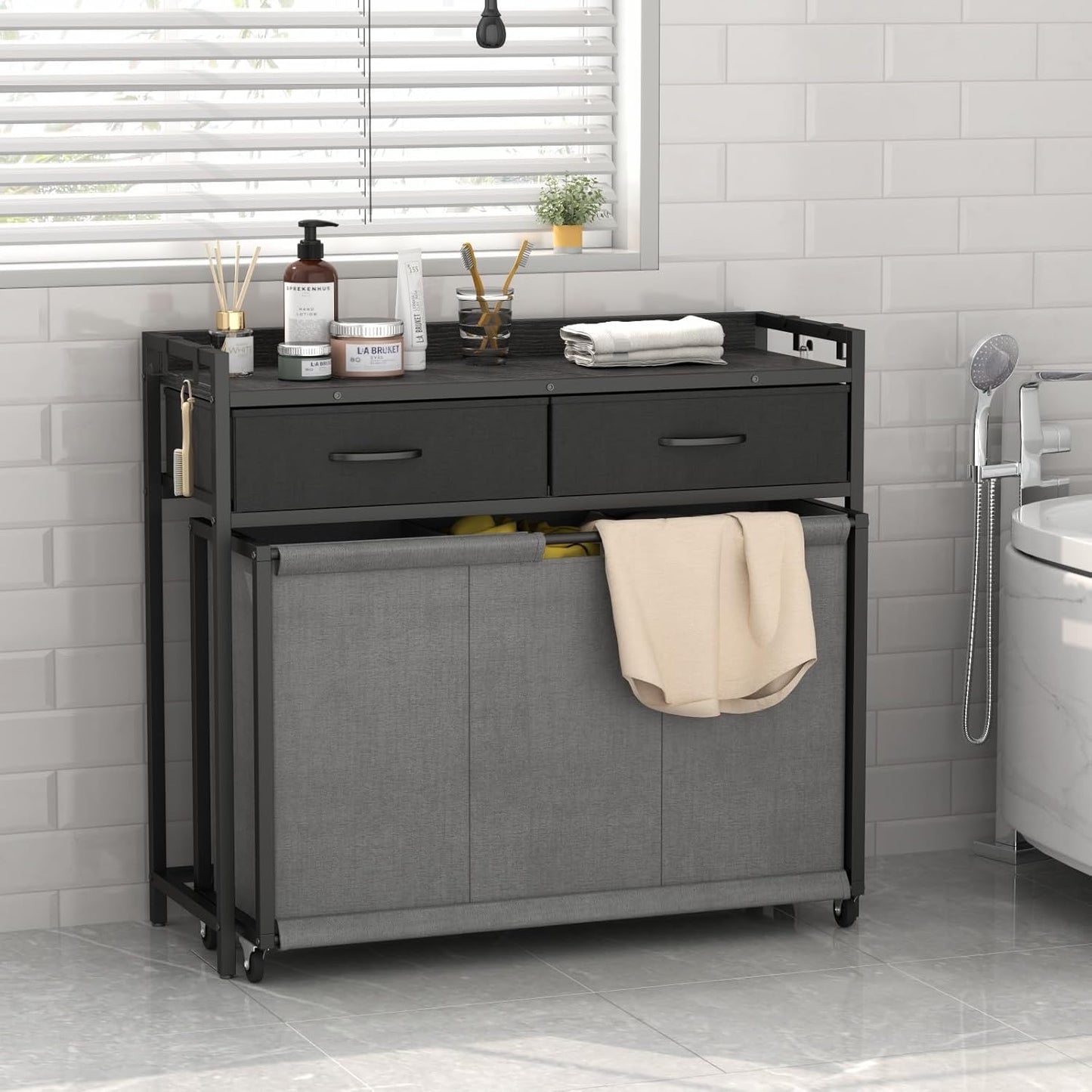 STIKELY Laundry Hamper Laundry Basket with 3 Section Pull-Out Rolling Bags, Laundry Sorter for Organization and Storage with 2 Pull-Out Drawers for Laundry Room, Bathroom, Bedroom Use (Rustic Brown)