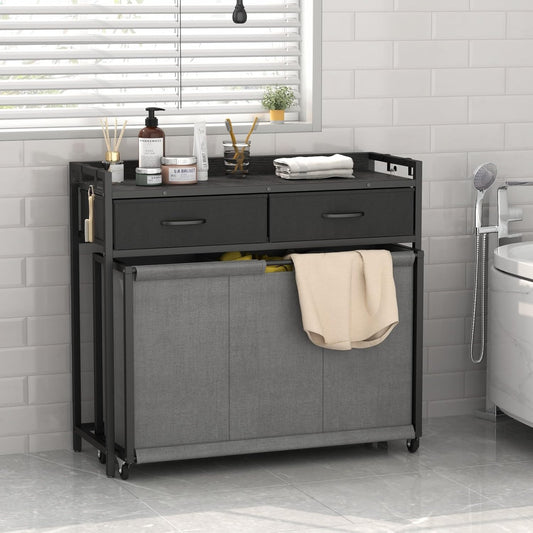 STIKELY Laundry Hamper Laundry Basket with 3 Section Pull-Out Rolling Bags, Laundry Sorter for Organization and Storage with 2 Pull-Out Drawers for Laundry Room, Bathroom, Bedroom Use (Rustic Brown)