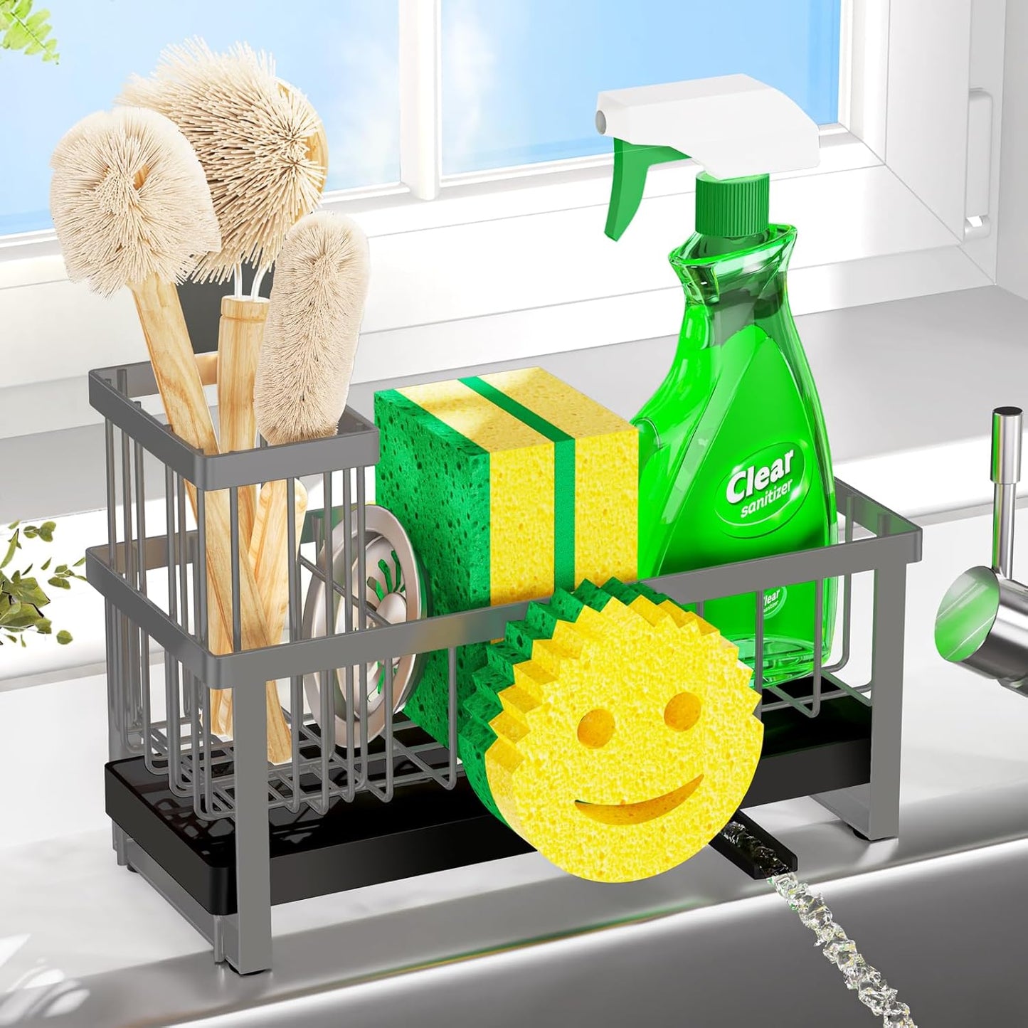 Sponge Holder for Kitchen Sink,Smiley Face Sink Caddy with Removable Brush Holder,Self-Draining Sponge Caddy for Soap,Dish Brush,Scrubber,Kitchen Essentials and Gadgets-Silver