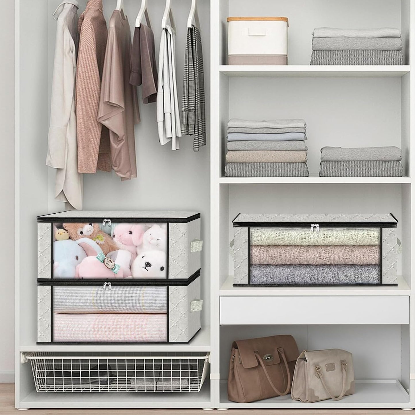 HomeHacks Storage 3-Pack Clothes Organizer Storage Bags Foldable Storage Box with Large Clear Window Sturdy Handles for Closet, Dorm, Pillows, Bedding, Clothes, Blankets, 35L, Gray