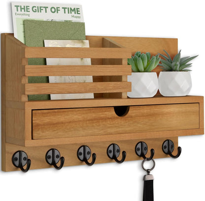 Key Holder Wall Mount, Mail Holder with Storage Drawer and 5 Key Hooks for Coat, Dog Leash, Home Decor Rack, House Accessories, Entry Way Organizer