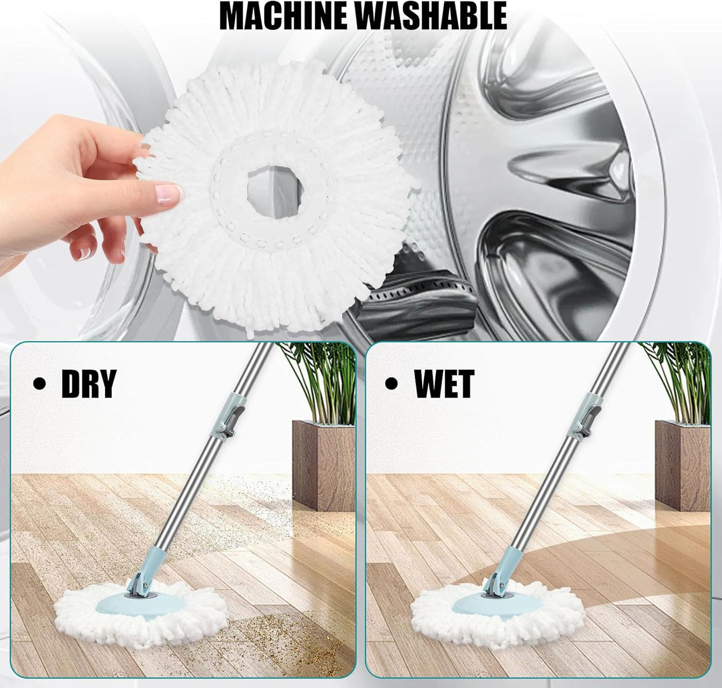 Spin Mop and Bucket with Wringer Set, 360° Spinning Mop Bucket System with 3 Microfiber Mop Replacement Heads, Adjustable Handle for Floor Cleaning (Green)