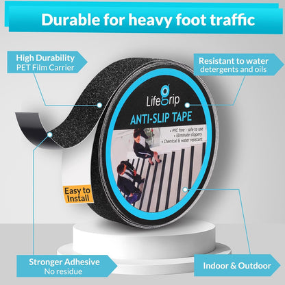 Lifegrip Anti Slip Tape, 4 Inch x 15 Foot Non-Slip Traction Grip Tape for Stairs, Waterproof Stair Treads Grip Non Slip, Non Skid Tape for Steps, Outdoor Black Grip Tape (4" X 15')