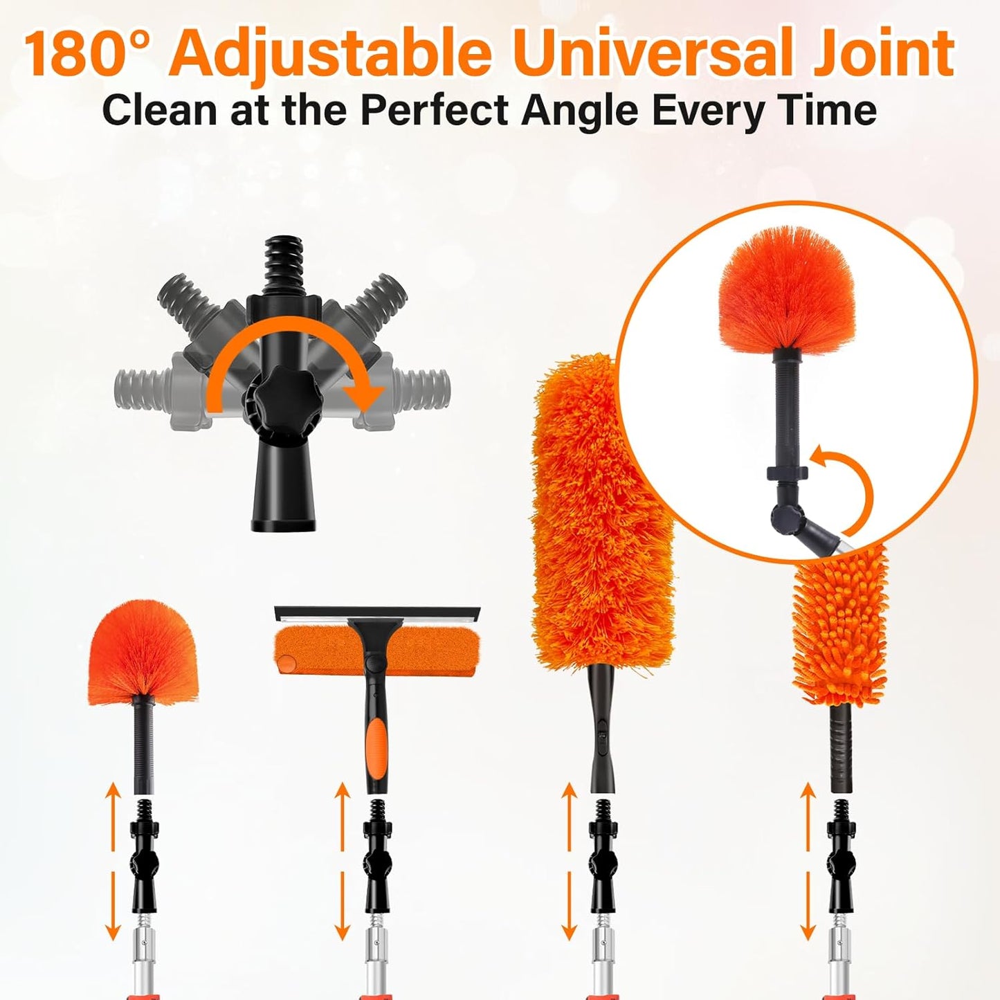 26FT High Reach Duster with Extension Pole 5-20FT, 4-in-1 Cleaning Kit with Universal Swivel Joint | High Ceiling Fan Cleaner, Cobweb Duster & Window Squeegee for Safe High-Reach Cleaning