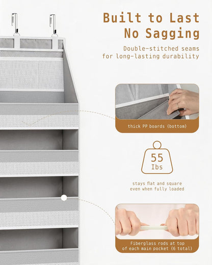 KMSCO Over The Door Organizer, 6 Large Pockets + 13 Mesh Side Pockets, Hanging Storage, 55lbs Capacity, Heavy Duty Non-Woven Fabric for Baby Nursery, Bathroom, Pantry, Closet, Beige, 1 Pack