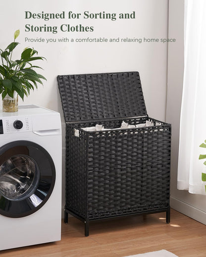SETVSON Laundry Hamper with Lid 132 L, (35 Gallons) Clothes Hamper with Lid, Handwoven Rattan Laundry Hamper with Metal Heightened Feet, Laundry Hampers with 3 Removable Liner Bags for Laundry-Natural