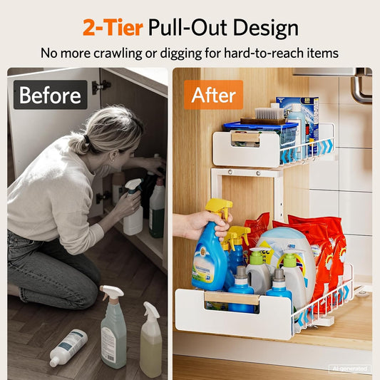 Delamu Under Sink Organizer 2 Pack, Pull Out Cabinet Organizer for Kitchen Sink, 2 Tier Metal Slide Out Shelf Caddy for Bathroom Storage, 5 Adjustable Heights for Pantry & Laundry Room, White