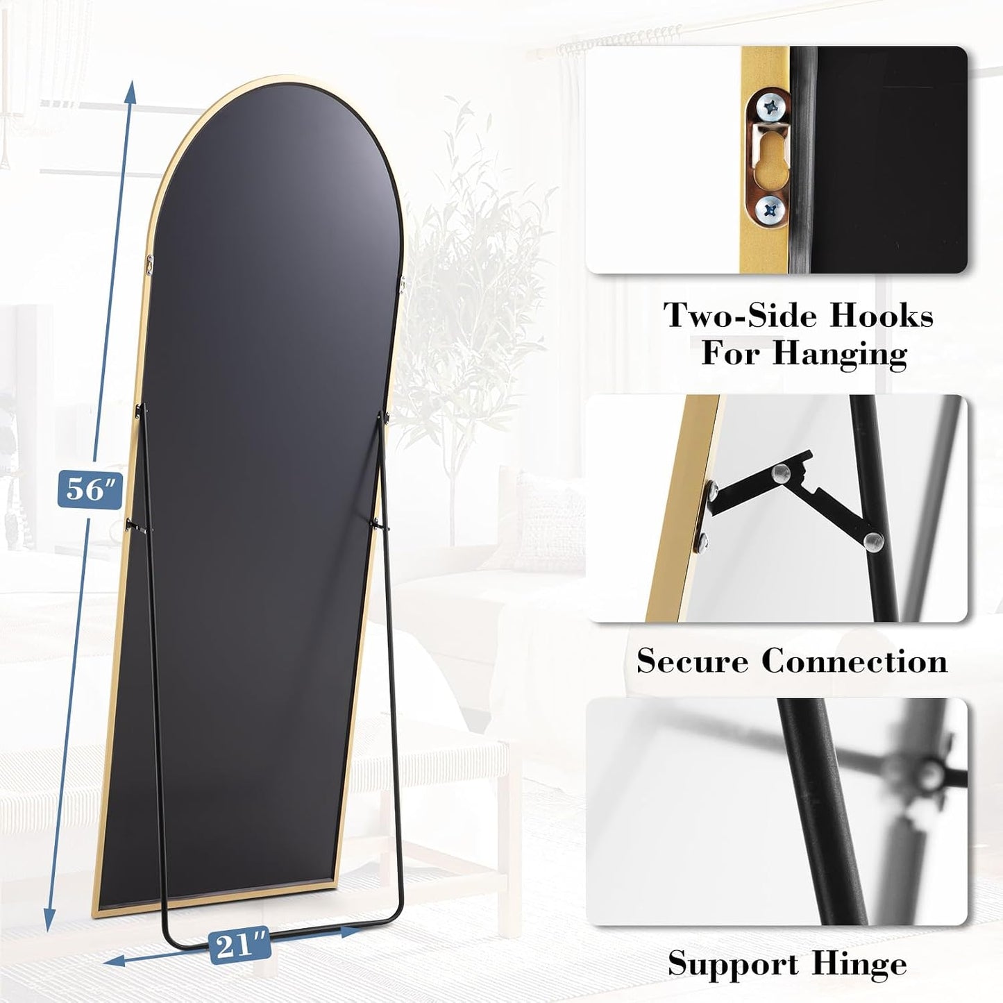 DUMOS 64"x21" Arched Full Length Floor Mirror, Full Body Mirror with Stand, Shatterproof Tempered Glass, Modern Aluminum Alloy Frame, Free Standing or Leaning for Home Decor, Gold