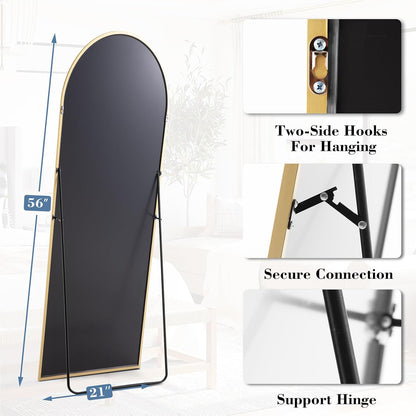 DUMOS 64"x21" Arched Full Length Floor Mirror, Full Body Mirror with Stand, Shatterproof Tempered Glass, Modern Aluminum Alloy Frame, Free Standing or Leaning for Home Decor, Gold
