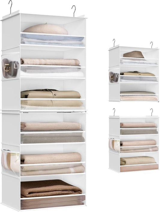 SONGMICS Hanging Closet Organizer, 6-Tier Fabric Storage Shelf, Separable Closet Hanging Shelf with Side Pockets, Foldable, Metal Hooks and Bamboo Inserts, Dove Gray URCH007G01