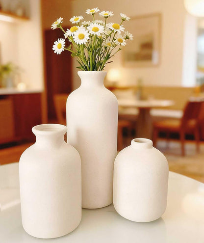 Modern Farmhouse Vase Set of 3, Small Neutral Ceramic Vases for Home Decor, Boho Flower Vase for Living Room, Table, Shelf, Fireplace Mantel